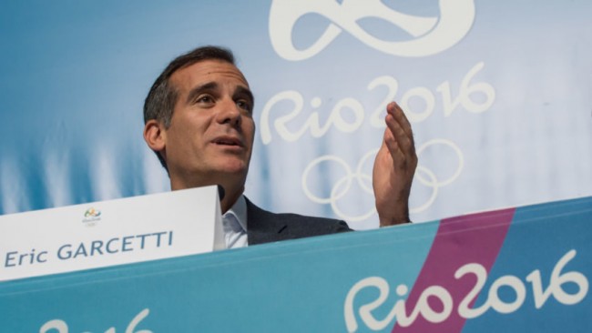 Los Angeles Mayor Eric Garcetti speaks during a press conference to discuss the Los Angeles 2024 Olympic bid at the media centre of the Rio 2016 Olympic Games in Rio de Janeiro on August 9, 2016. / AFP PHOTO / Ed JonesED JONES/AFP/Getty Images